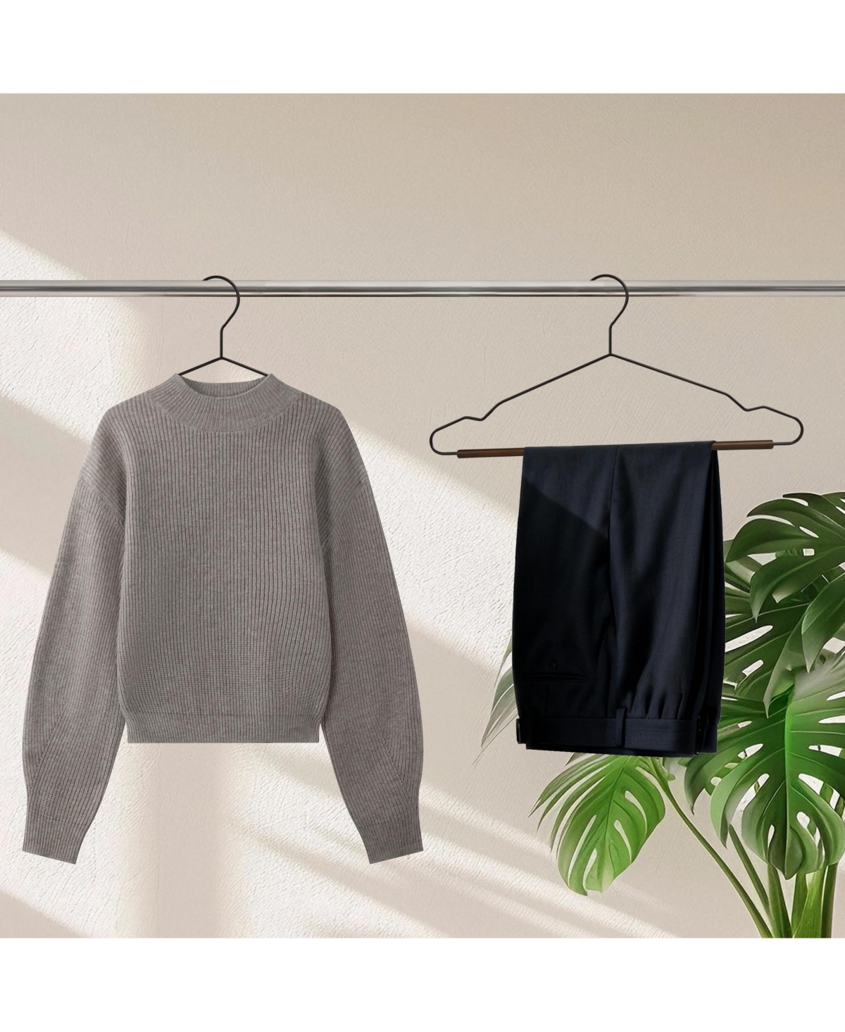 BP4U 36-Pack Heavy Duty Metal Coat Hangers with Wooden Pants Bar, Reinforced Wire Beech Wood Trouser Bar for Suits