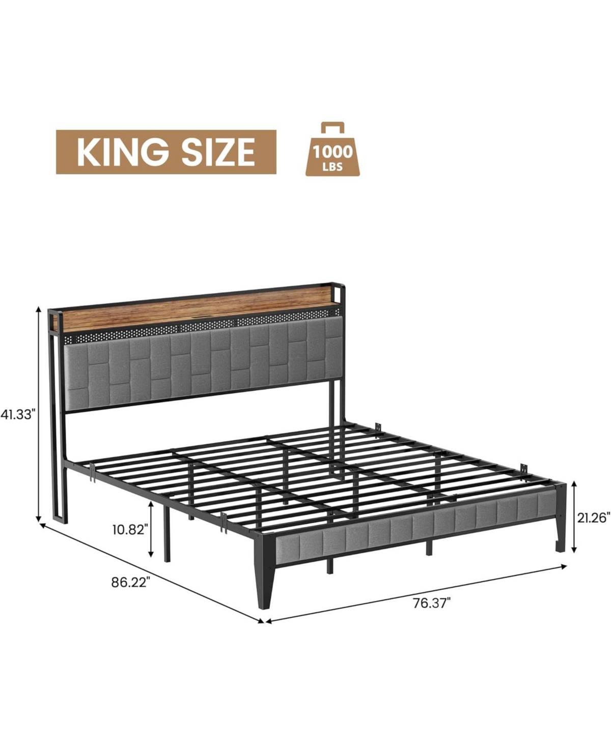 gaomon Bed Frame with Headboard Storage & Charging Station, Grey Upholstered Platform Bed with Rgb Led Lights