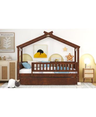 Twin Size Wooden House Bed With Twin Size Trundle