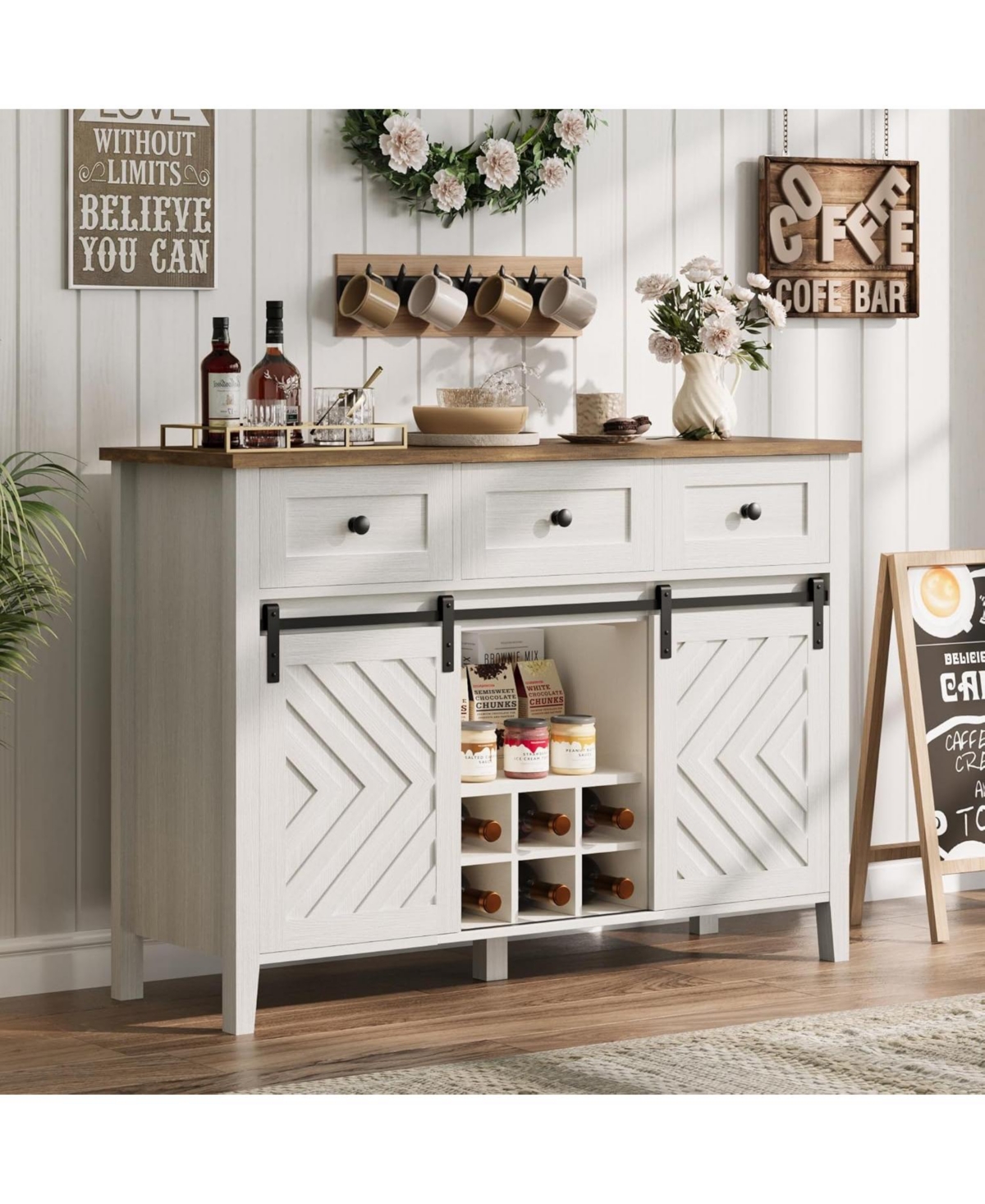 gaomon 47.2" Farmhouse Buffet Cabinet with Sliding Barn Door, 3 Drawers, Wine Rack & Adjustable Shelf