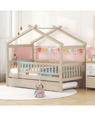 Twin Size Wooden House Bed With Twin Size Trundle