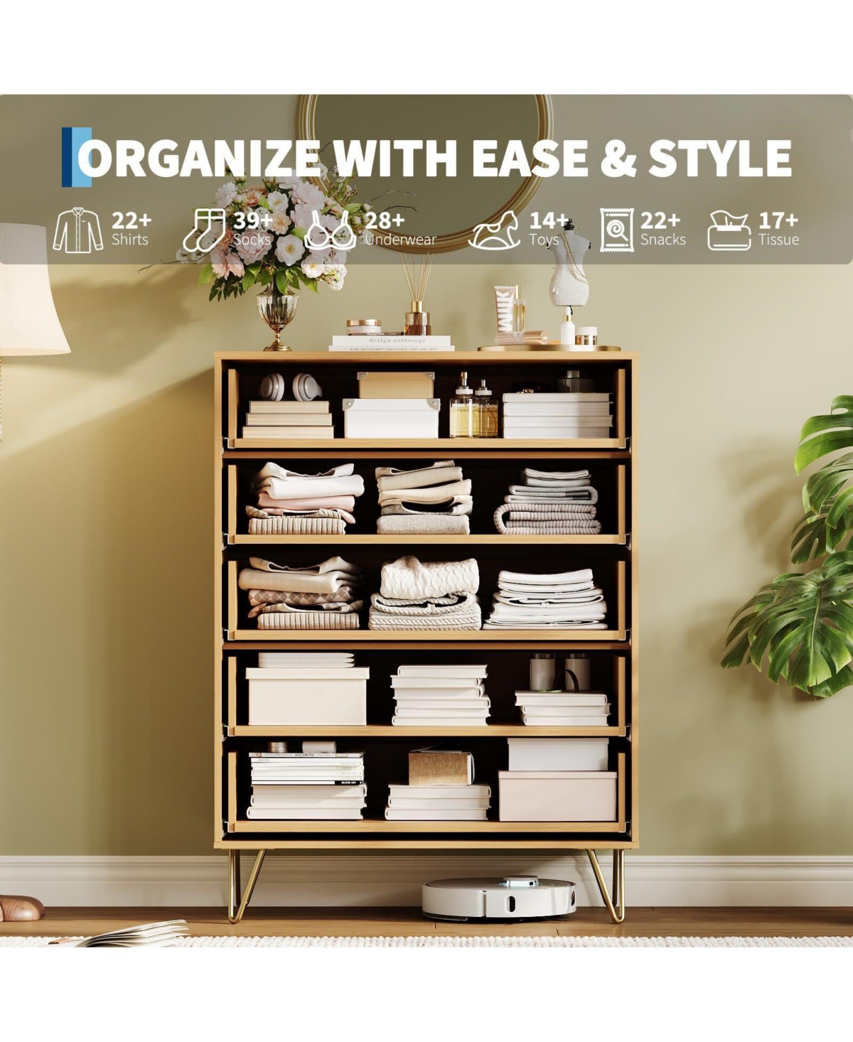 gaomon Fluted 5-Drawer Dresser for Bedroom, 32" Wide Modern Wooden Chest of Drawers, Beige