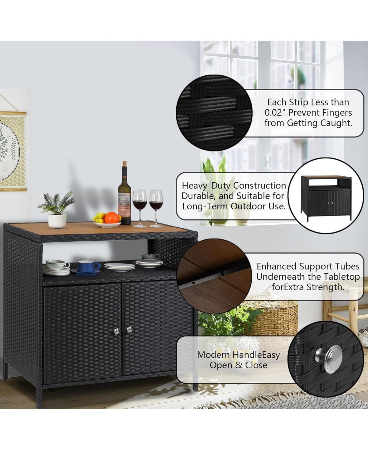 gaomon Outdoor Wicker Storage Cabinet with Shelf, Weather-Resistant Patio Bar Table for Poolside