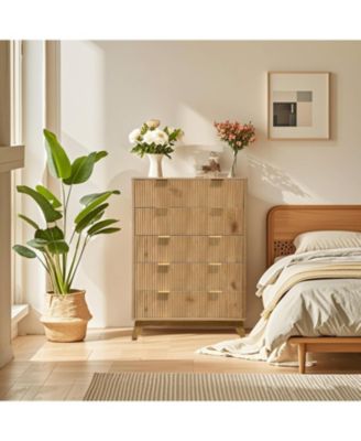 48" Tall 5-Drawer Fluted Dresser, Mid-Century Storage Chest for Bedroom and Entryway, Beige