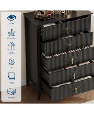 43" Tall Fluted Dresser, 5 Drawer Modern Wood Storage Chest for Living Room or Entryway, Black
