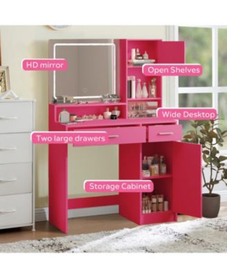 Streamdale Rose Pink Vanity Desk with Mirror, LED Light & Drawer