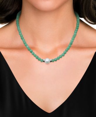 Cultured Freshwater Pearl & Dyed Green Jade Necklace in Sterling Silver