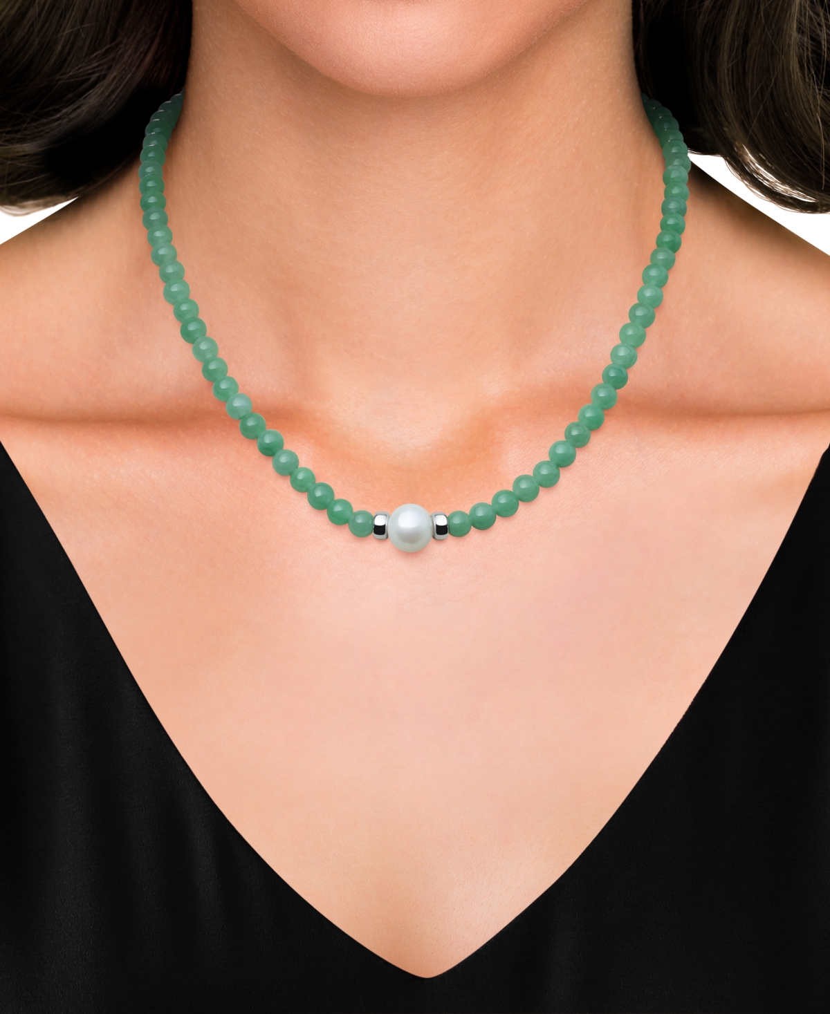 Macy's Cultured Freshwater Pearl & Dyed Green Jade Necklace in Sterling Silver