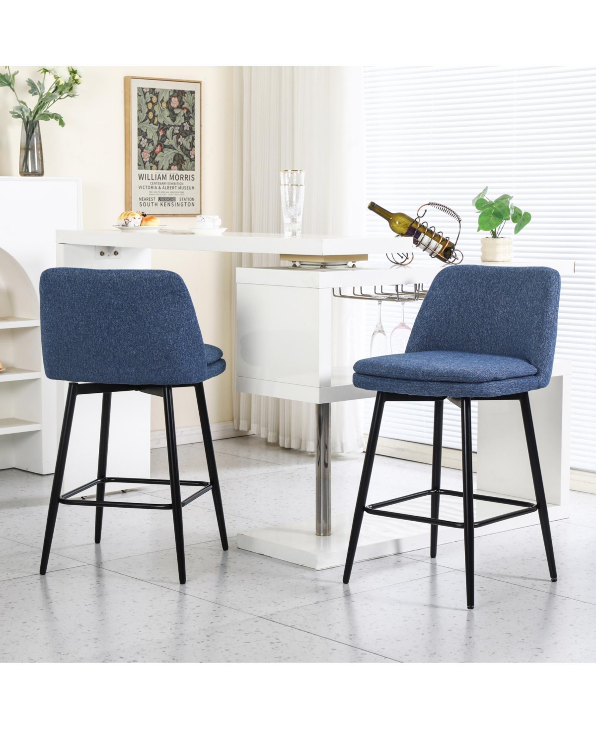 Streamdale Furniture Blue Linen Counter Height Swivel Barstools (Set of 2), Upholstered with Metal Legs