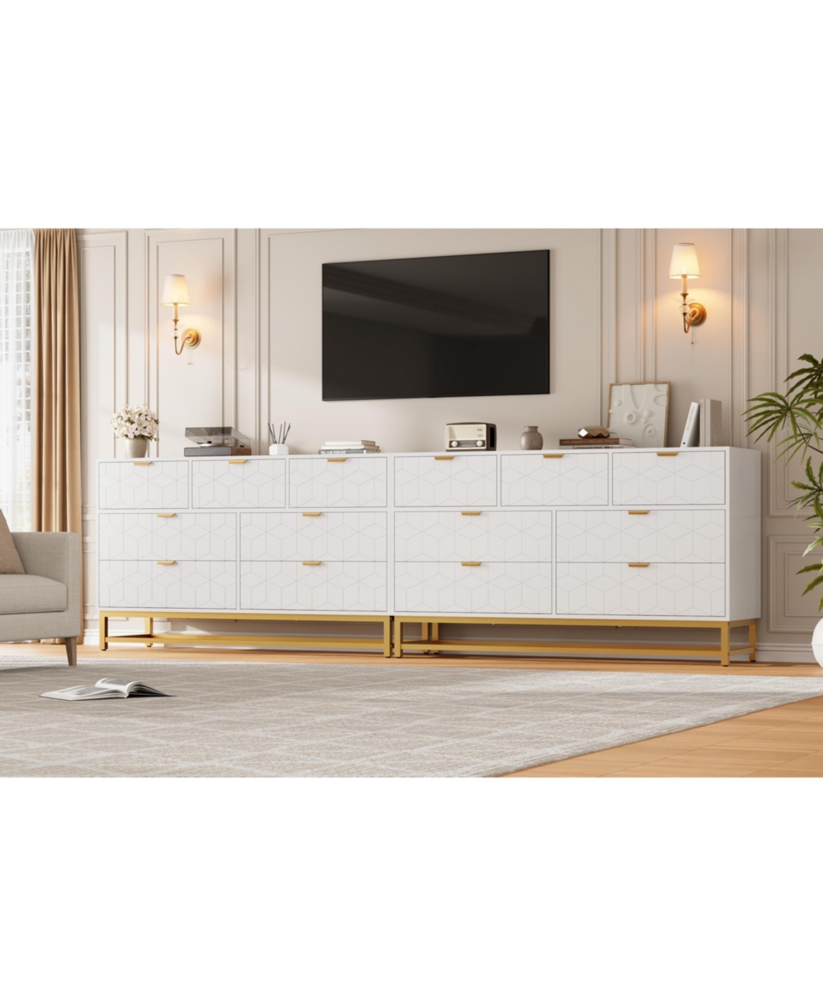 gaomon Modern Dresser for Bedroom, 53.5" Wide 7-Drawer Organizer with Golden Metal Handles and Legs, Stylish Chest of Drawers Living Room