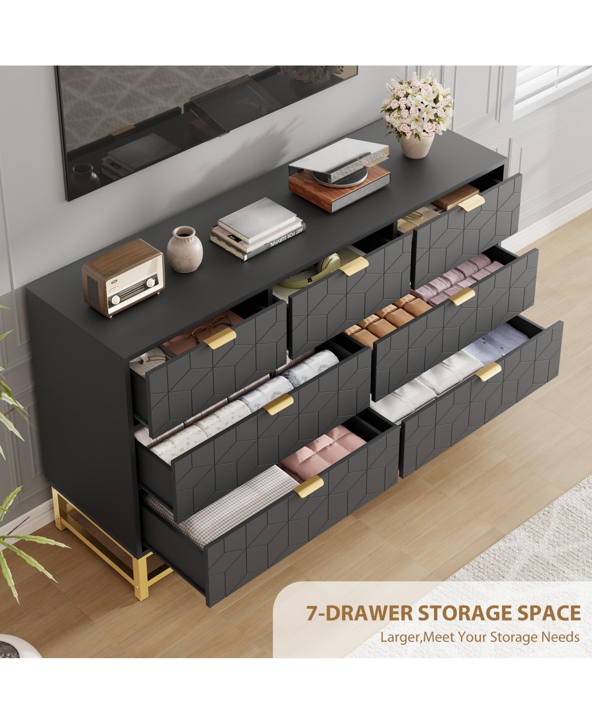 gaomon Modern Dresser for Bedroom, 53.5" Wide 7-Drawer Organizer with Golden Metal Handles and Legs, Stylish Chest of Drawers Living Room