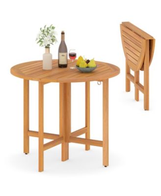 Outdoor 36 Inch Folding Round Dining Table, Slatted Surface