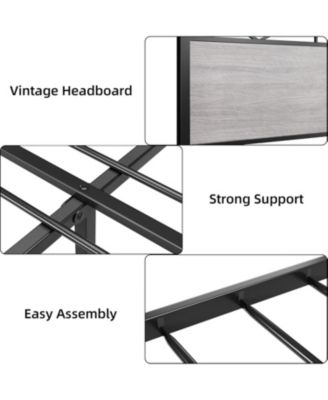 King Size Bed Frame with Rustic Wood Headboard and Footboard, Heavy Duty Metal Platform Bed Frame with Steel Slat Support