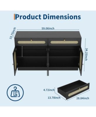 60" Rattan Sideboard Cabinet with Adjustable Shelves, Buffet with 2 Drawers and 4 Rattan Doors for Dining Room