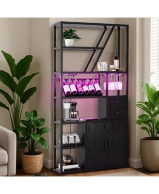Bar Cabinet with LED Lights, Tall Coffee Bar Station with Power Outlets and Storage Rack