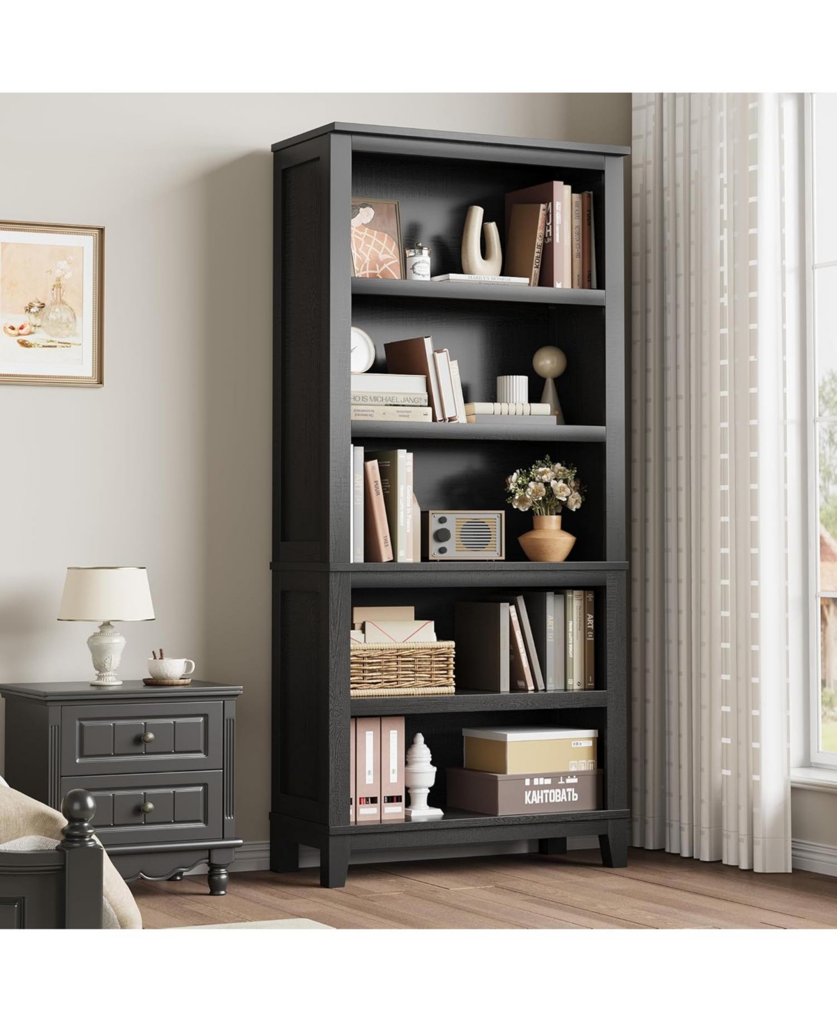 gaomon 71" Tall 5-Tier Farmhouse Bookcase with Adjustable Shelves, 31.5" Wide Wood Bookshelf