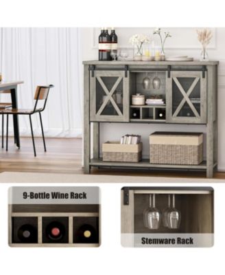 Farmhouse Coffee Bar Cabinet with Sliding Barn Doors, Wine Rack and Open Storage Shelf for Kitchen and Dining Room