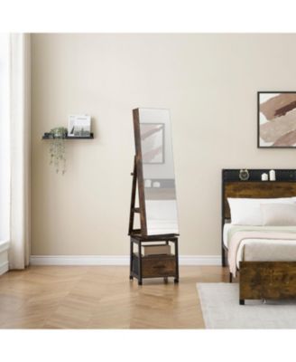 360° Swivel Jewelry Armoire with Storage Shelf and Drawer, 66" Full-Length Mirror Cabinet on Wheels