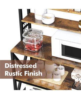 64.5"H 6-Tier Metal & Particleboard Wine Rack, 10 Hooks, Power Outlets, Adjustable Feet Rustic Baker s Rack