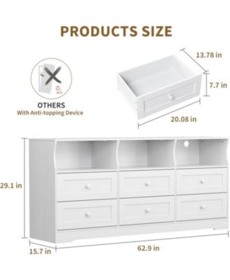 6-Drawer Slim Dresser for Bedroom, Wooden Chest with Power Outlets, LED Light & Open Shelf