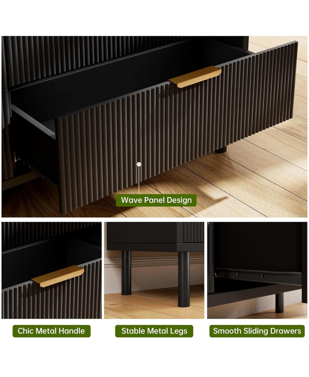 gaomon 6 Drawer Wave Fluted Dresser, Wide Modern Wood Chest with Metal Legs and Handles, Anti-Tip Design