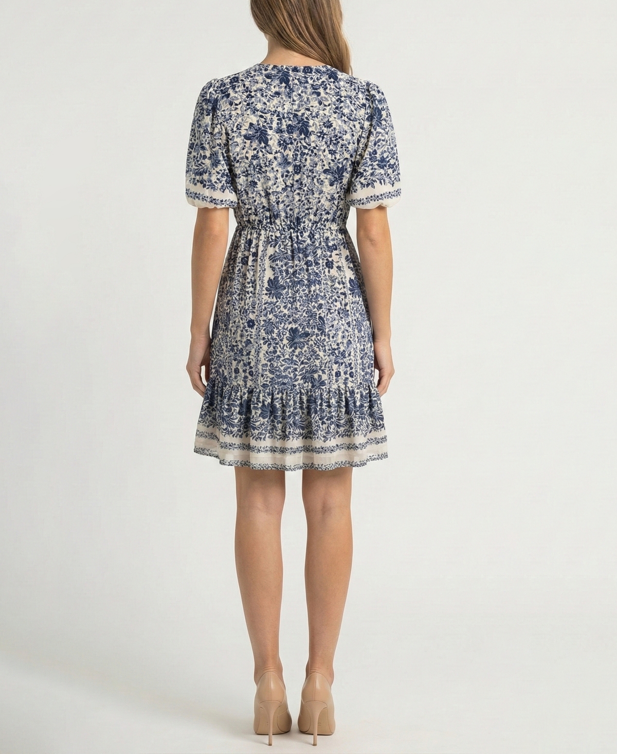 Taylor Petite Printed V-Neck Puff-Sleeve Ruffled-Hem Dress