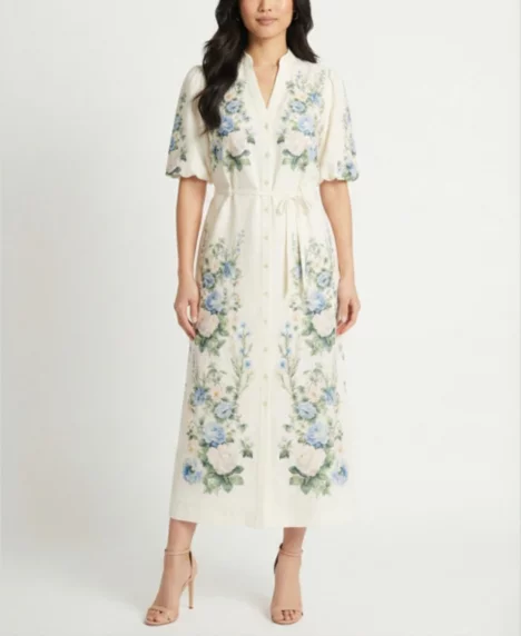 Petite Placement Print Short-Sleeve Shirt Dress - Ivory bluebell