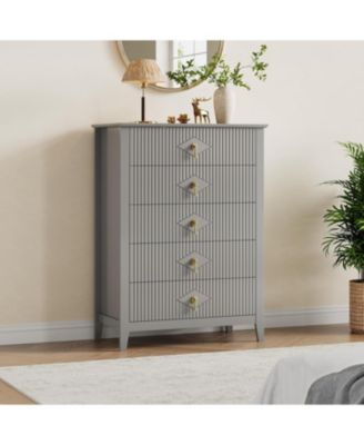 43" Tall Fluted Dresser, 5 Drawer Modern Wood Storage Chest for Living Room or Entryway