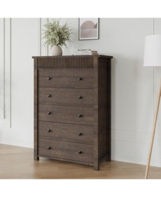 5-Drawer Dresser for Bedroom, Wooden Chest of Drawers with Fluted Storage for Entryway & Hallway, Dark Brown