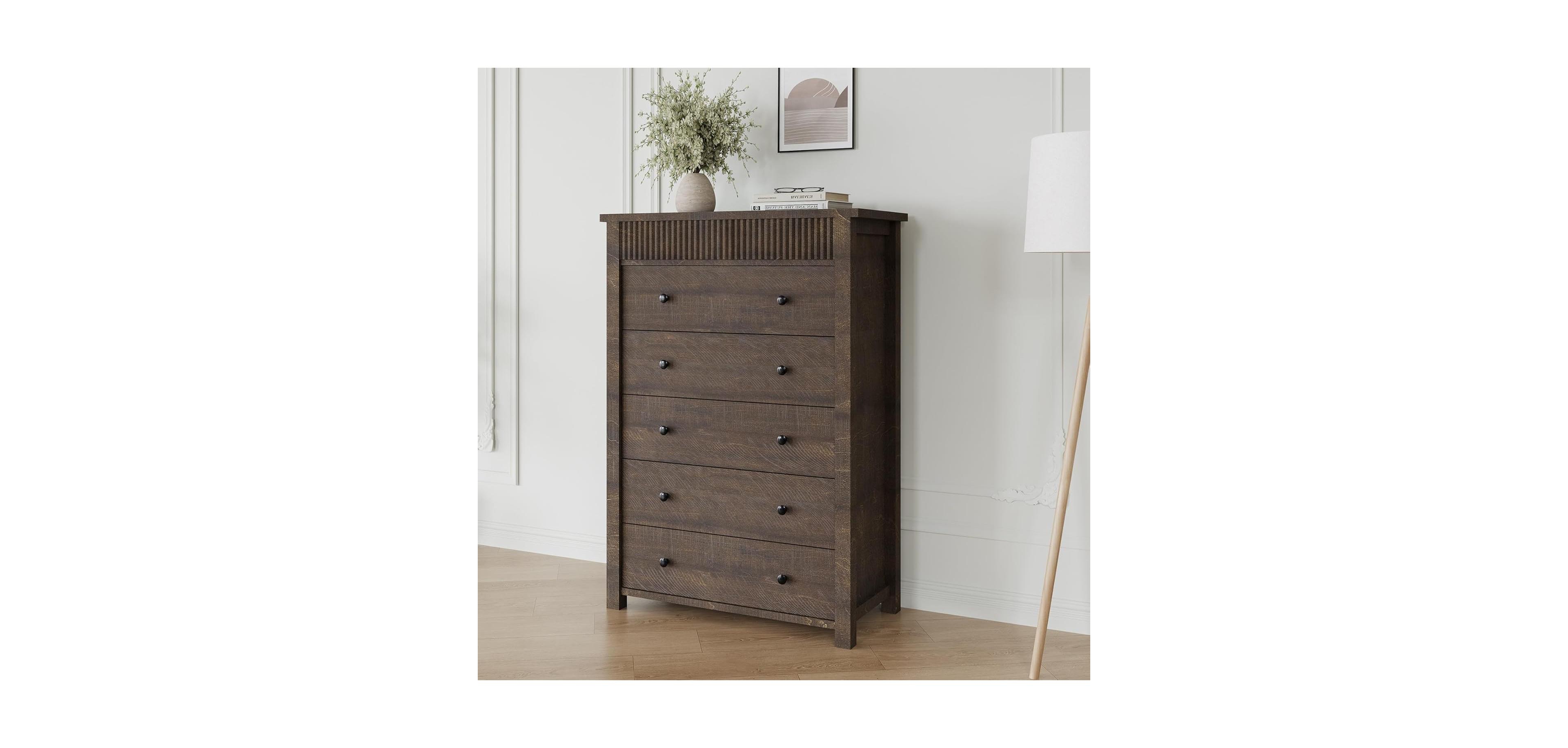 Gaomon 5-Drawer Dresser for Bedroom, Wooden Chest of Drawers with Fluted Storage for Entryway & Hallway, Dark Brown