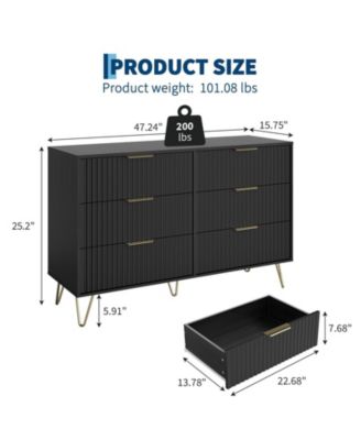 Fluted 6-Drawer Dresser for Bedroom, 47" Wide Modern Wooden Chest of Drawers, Black