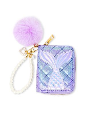 Girls Mermaid Tail Wallet with Pom-Pom & Pearl Strap, Purple