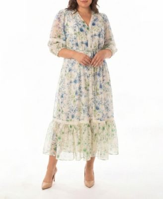Plus Size 3/4-Length Sleeve Printed Maxi Shirt Dress