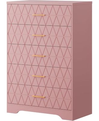 5-Drawer Tall Dresser for Bedroom, Wooden Chest of Drawers with Gold Handles for Closet Storage, Pink