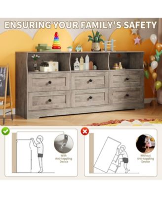 6-Drawer Slim Dresser for Bedroom, Wooden Chest with Power Outlets, LED Light & Open Shelf, Grey