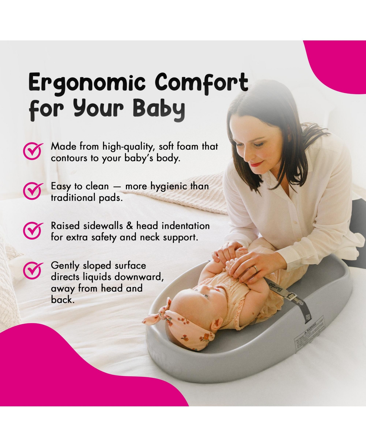 Bumbo Diaper Changing Pad, Ergonomic Baby Changing Mat with Safety Belt, Gray