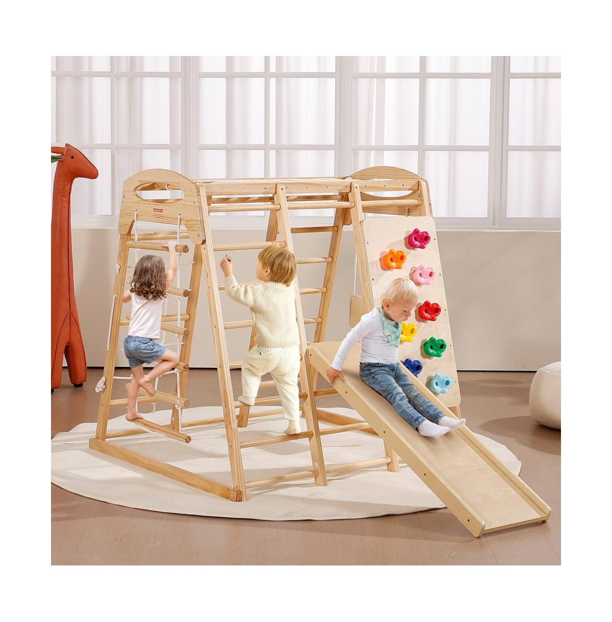 Slickblue Indoor Jungle Gym, 7-in-1 Toddler Indoor Playground, with Wood and Rope Ladder