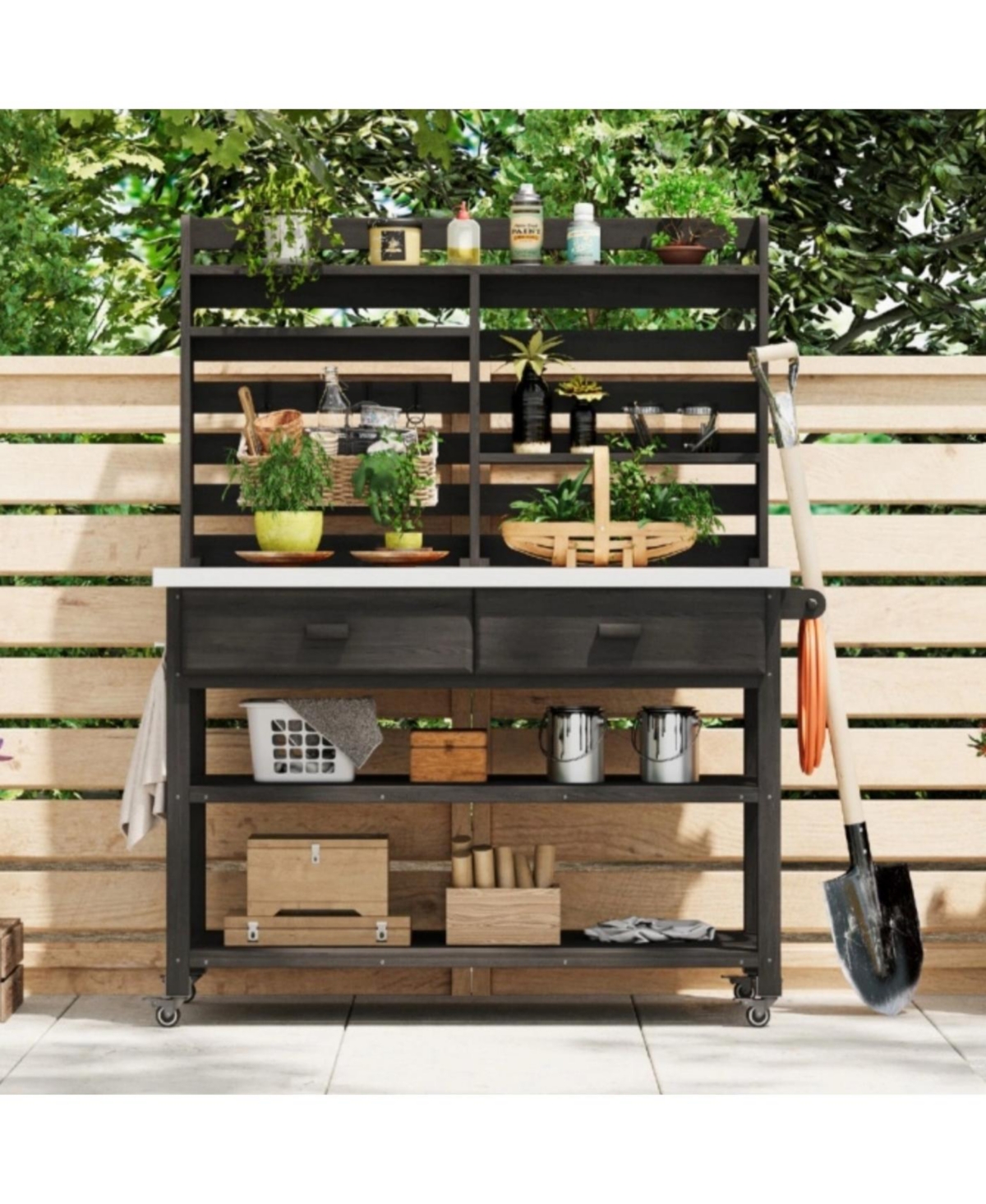 Streamdale Outdoor Potting Bench with Wheels, Hutch, Stainless Steel Top, Black