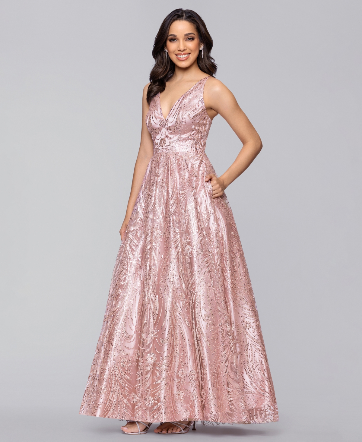 Blondie Nites Juniors' V-Neck Glitter Lace-Up Back Ball Gown