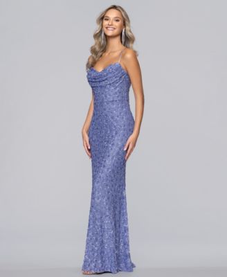 Juniors' Long Cowl Neck Sequin Slim Ball Gown