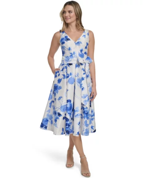 Petite Shantung Sleeveless V-Neck Dress - Cobalt