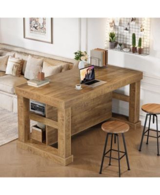 Bar Table, 55-Inch Counter Height Pub Table with Storage Shelves, High Top Kitchen Dining Table, Rectangle Wood Home Bar Unit