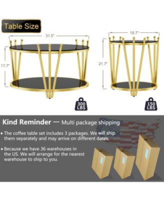  31.5" Modern Gold Coffee Table, Crown Legs, Black Tempered Glass