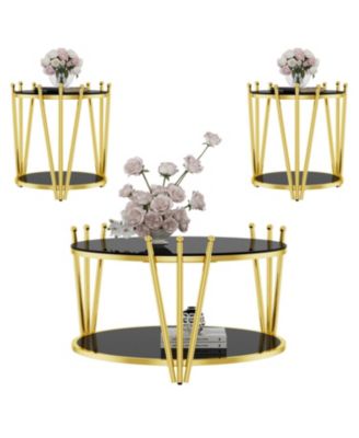  31.5" Modern Gold Coffee Table, Crown Legs, Black Tempered Glass