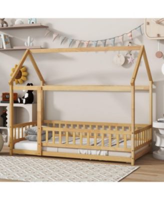 Twin Size House Floor Wooden Bed with Roof Frame Safety Guardrails