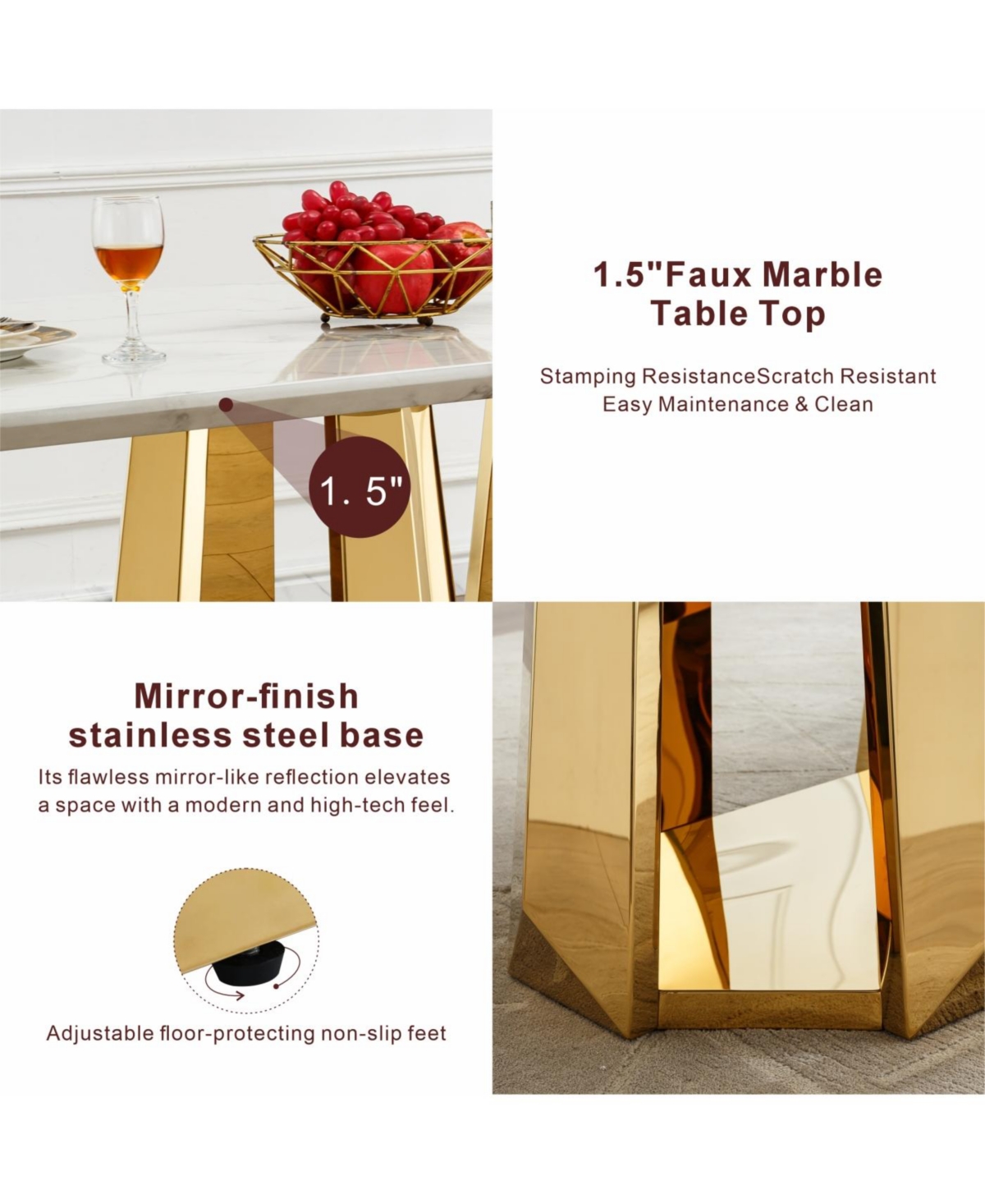 Streamdale Furniture “70″ Faux Marble Dining Table for 6 with Gold Mirrored Base”