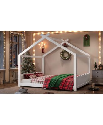 Queen House Floor Bed with Slats, Solid Wood Frame for Kids