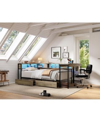 Corner Bed Frame Full Size w/ Bookcase, 2 Drawers, LED & Charging Station