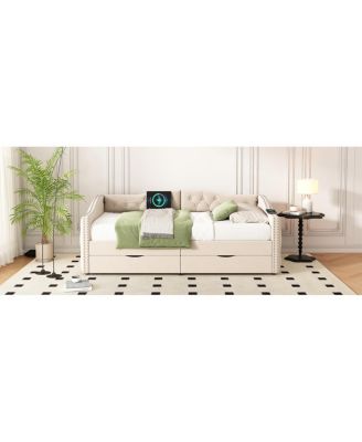 Upholstered Beige Daybed with Storage Drawers - Twin Size