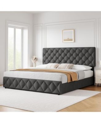 Bed Frame with 4 Storage Drawers and Headboard, Linen Upholstered Platform Bed frame - Queen